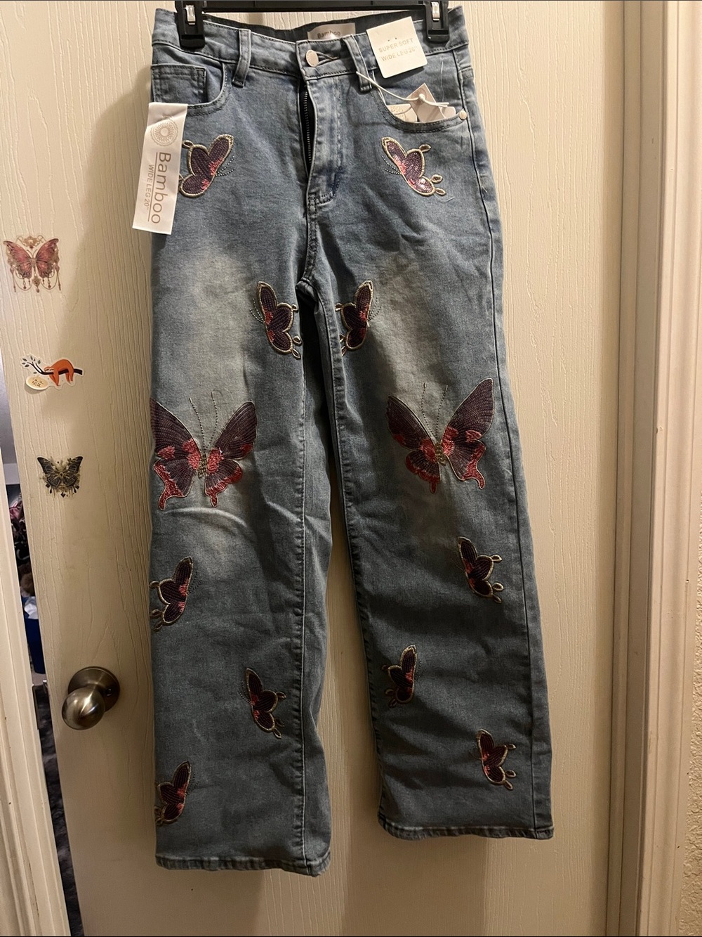 BAMBOO Light Blue Denim Wide-Leg Jeans with Red & Pink Butterfly Embroidery